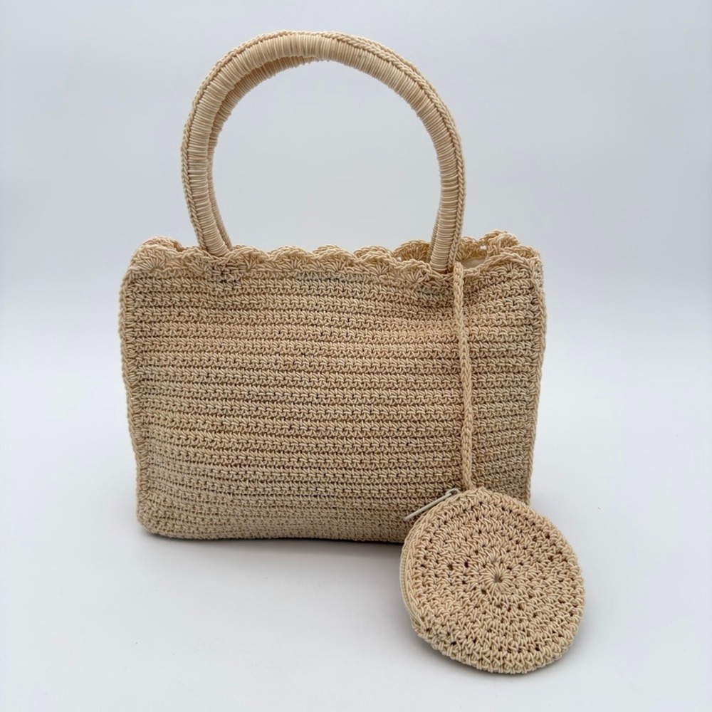 Crochet Straw Tote Bag Beige Woven Top Handle Purse Coin Pouch Boho Summer